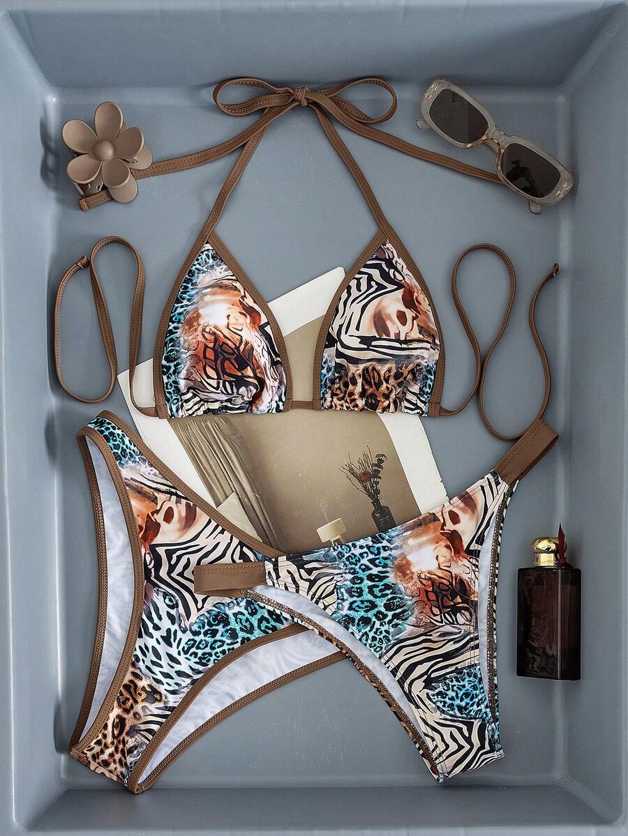 Swim Vcay Women's Swimwear Set, Fashionable Polka Dot Print Trim, Backless, Spaghetti Straps, Tie Waist, Triangle Swim Bottoms, Beach, Casual