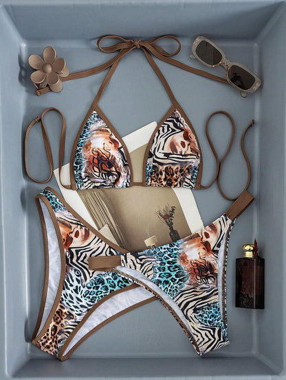 Swim Vcay Women's Swimwear Set, Fashionable Polka Dot Print Trim, Backless, Spaghetti Straps, Tie Waist, Triangle Swim Bottoms, Beach, Casual