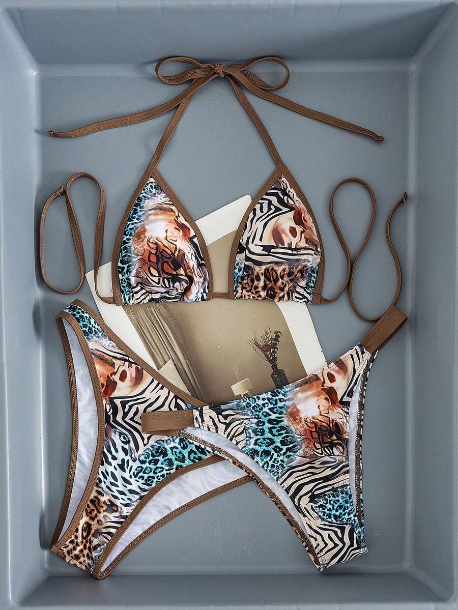 Swim Vcay Women's Swimwear Set, Fashionable Polka Dot Print Trim, Backless, Spaghetti Straps, Tie Waist, Triangle Swim Bottoms, Beach, Casual
