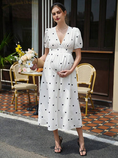 Maternity Heart Print A-Line Dress - Deep V Neck, Puff Sleeve, Shirred, Midi, White
