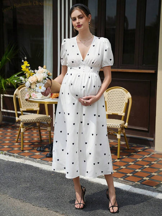 Maternity Heart Print A-Line Dress - Deep V Neck, Puff Sleeve, Shirred, Midi, White