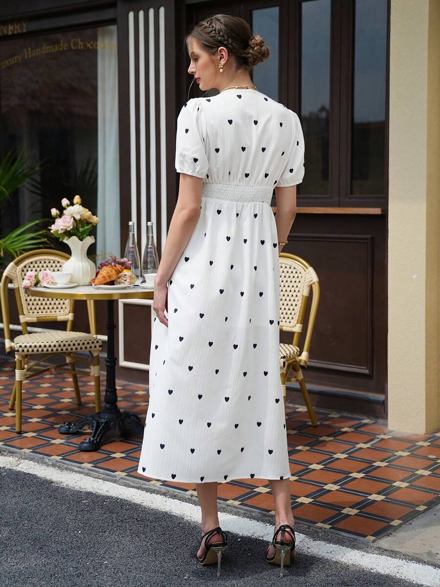 Maternity Heart Print A-Line Dress - Deep V Neck, Puff Sleeve, Shirred, Midi, White
