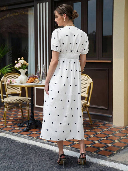 Maternity Heart Print A-Line Dress - Deep V Neck, Puff Sleeve, Shirred, Midi, White