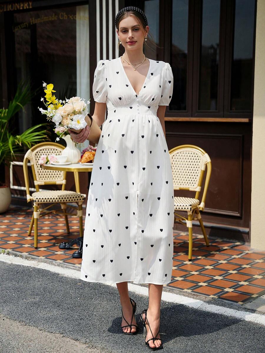Maternity Heart Print A-Line Dress - Deep V Neck, Puff Sleeve, Shirred, Midi, White