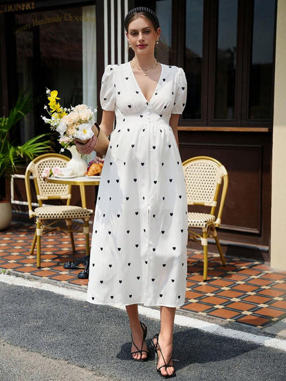 Maternity Heart Print A-Line Dress - Deep V Neck, Puff Sleeve, Shirred, Midi, White