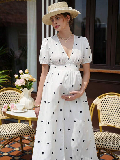 Maternity Heart Print A-Line Dress - Deep V Neck, Puff Sleeve, Shirred, Midi, White