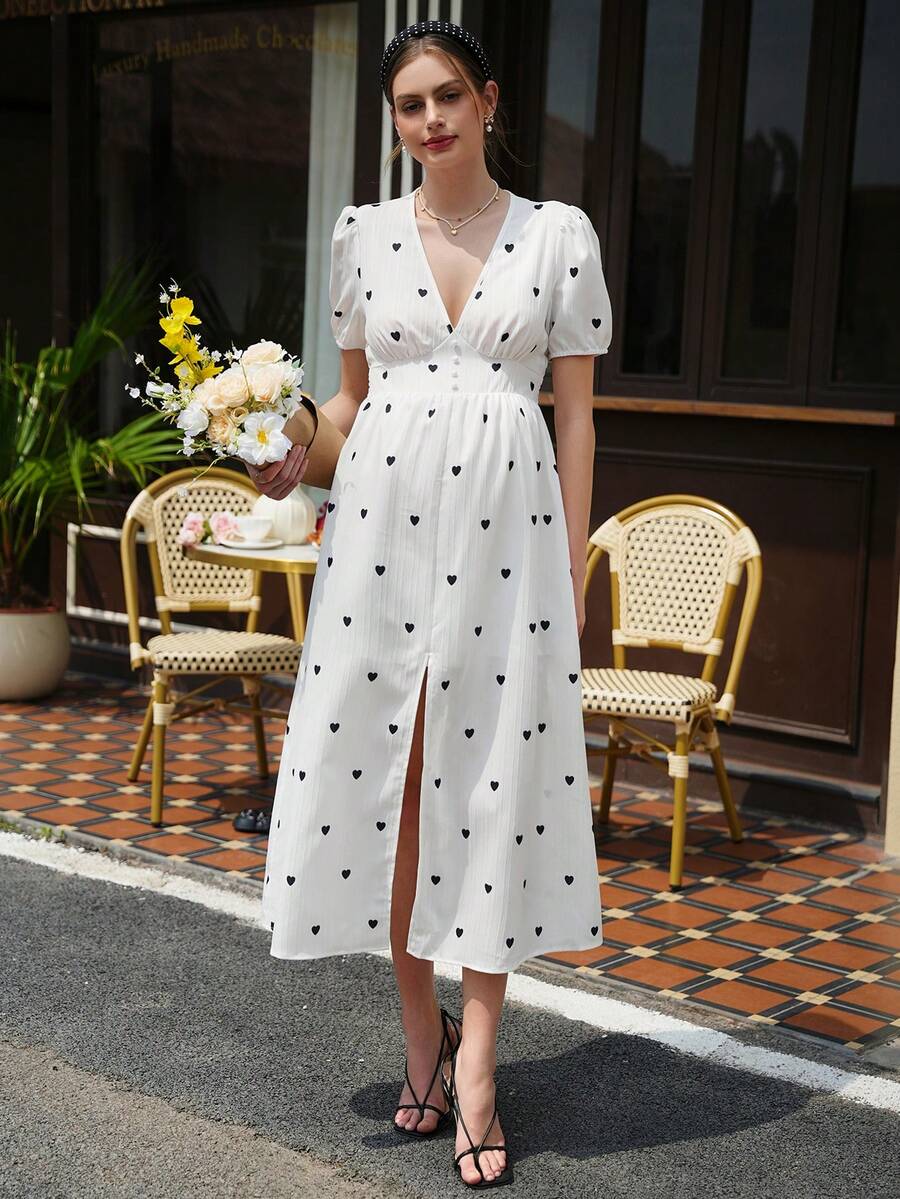 Maternity Heart Print A-Line Dress - Deep V Neck, Puff Sleeve, Shirred, Midi, White