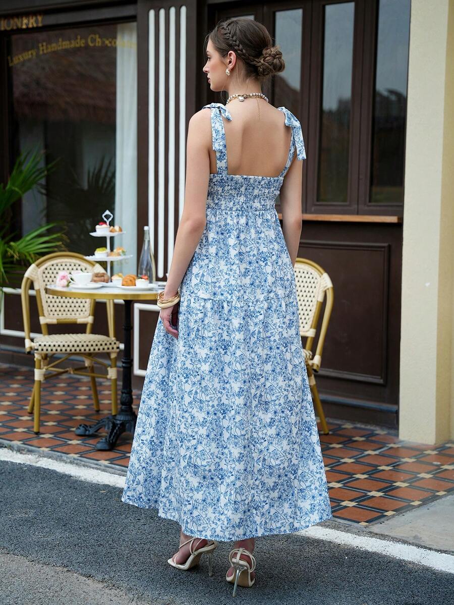 Maternity Floral A-Line Dress - Spaghetti Strap, Shirred, Flared Hem, Midi, Blue and White