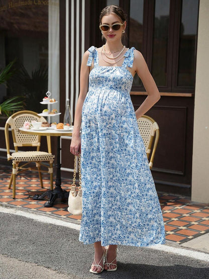 Maternity Floral A-Line Dress - Spaghetti Strap, Shirred, Flared Hem, Midi, Blue and White