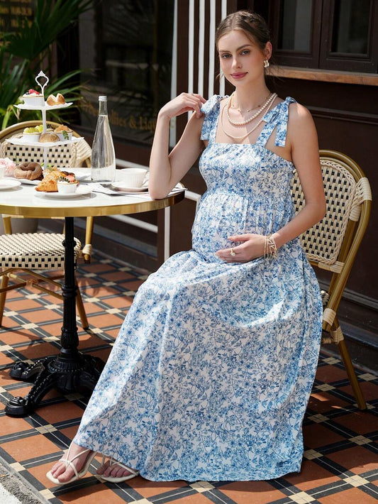 Maternity Floral A-Line Dress - Spaghetti Strap, Shirred, Flared Hem, Midi, Blue and White