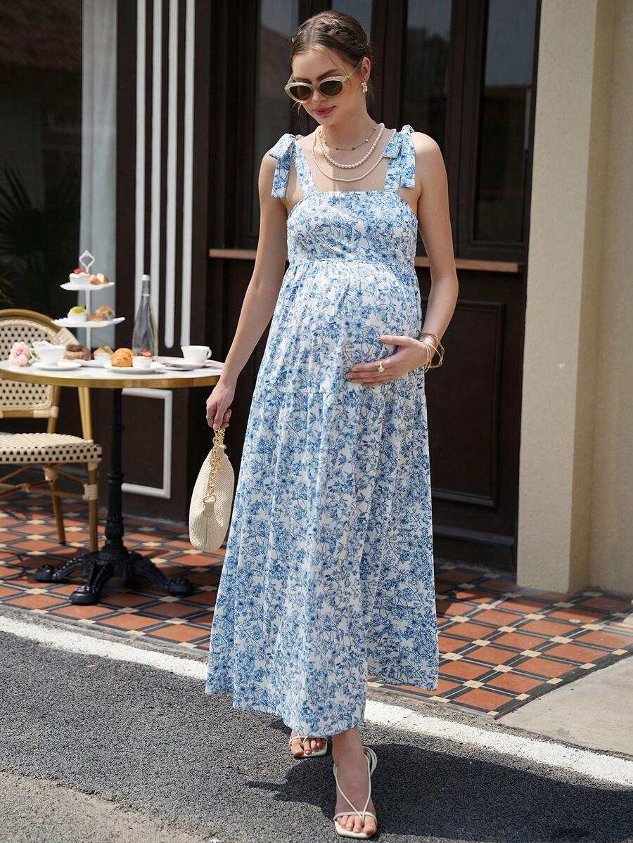 Maternity Floral A-Line Dress - Spaghetti Strap, Shirred, Flared Hem, Midi, Blue and White