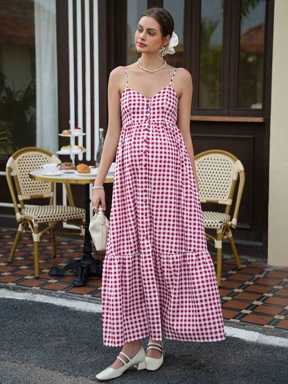 Maternity Plaid Cami Midi Dress - Spaghetti Strap, Backless, Button, Flounce Hem, Red