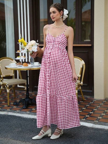 Maternity Plaid Cami Midi Dress - Spaghetti Strap, Backless, Button, Flounce Hem, Red