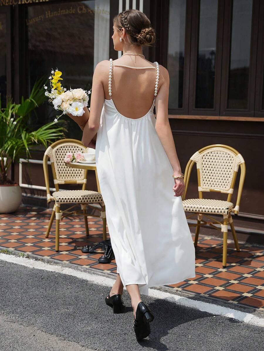 Maternity Cami Maxi Dress - V Neck Tie Strap, Backless, High Waist, Flared Hem, White
