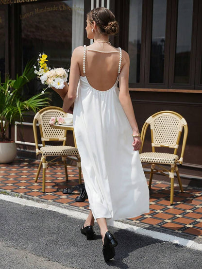 Maternity Cami Maxi Dress - V Neck Tie Strap, Backless, High Waist, Flared Hem, White