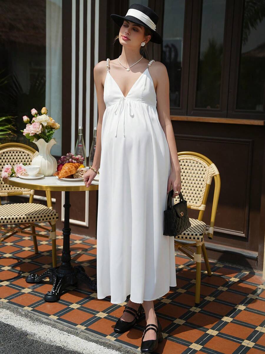 Maternity Cami Maxi Dress - V Neck Tie Strap, Backless, High Waist, Flared Hem, White