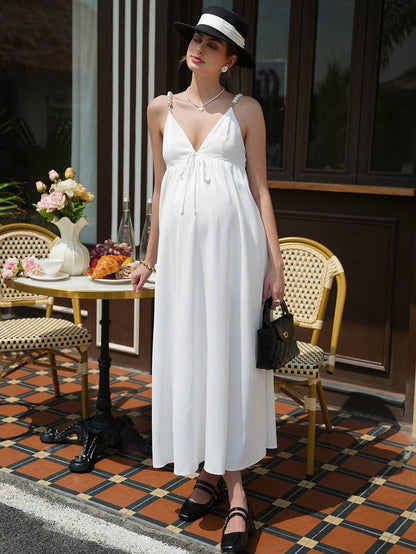 Maternity Cami Maxi Dress - V Neck Tie Strap, Backless, High Waist, Flared Hem, White