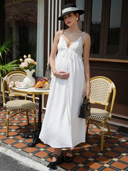 Maternity Cami Maxi Dress - V Neck Tie Strap, Backless, High Waist, Flared Hem, White