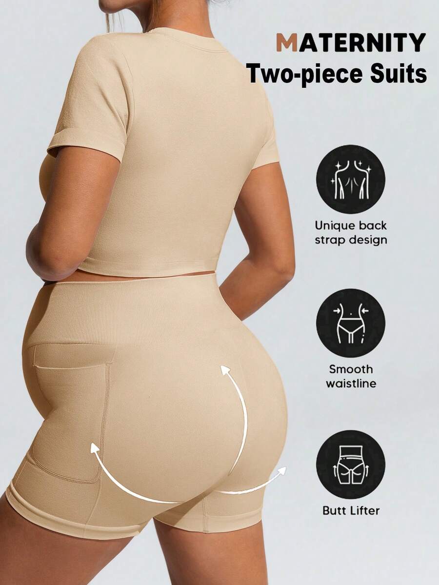 Baby Blue Maternity Sports Set - Micro Crop Short Sleeve T-Shirt and High Waist Double Waistband Shorts - High Stretch Slim Fit Athletic Wear