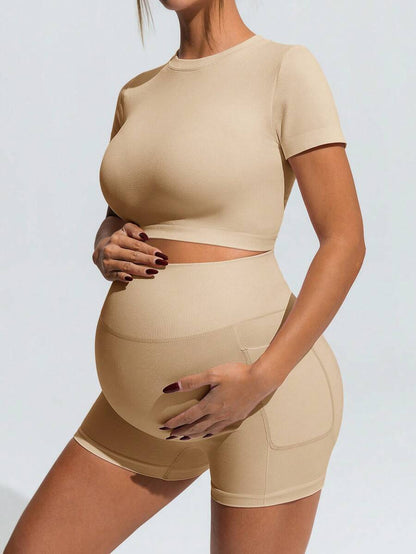 Maternity Sports Set - Round Neck Cropped Tee and Shorts, Black