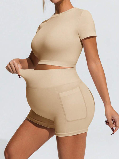 Baby Blue Maternity Sports Set - Micro Crop Short Sleeve T-Shirt and High Waist Double Waistband Shorts - High Stretch Slim Fit Athletic Wear