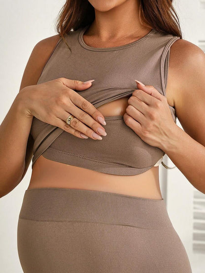 Mocha Brown Seamless Maternity Nursing Yoga Set – 2-Piece High Stretch Cropped Sports Tank with Built-in Bra & Tummy Control Skinny Fit Leggings