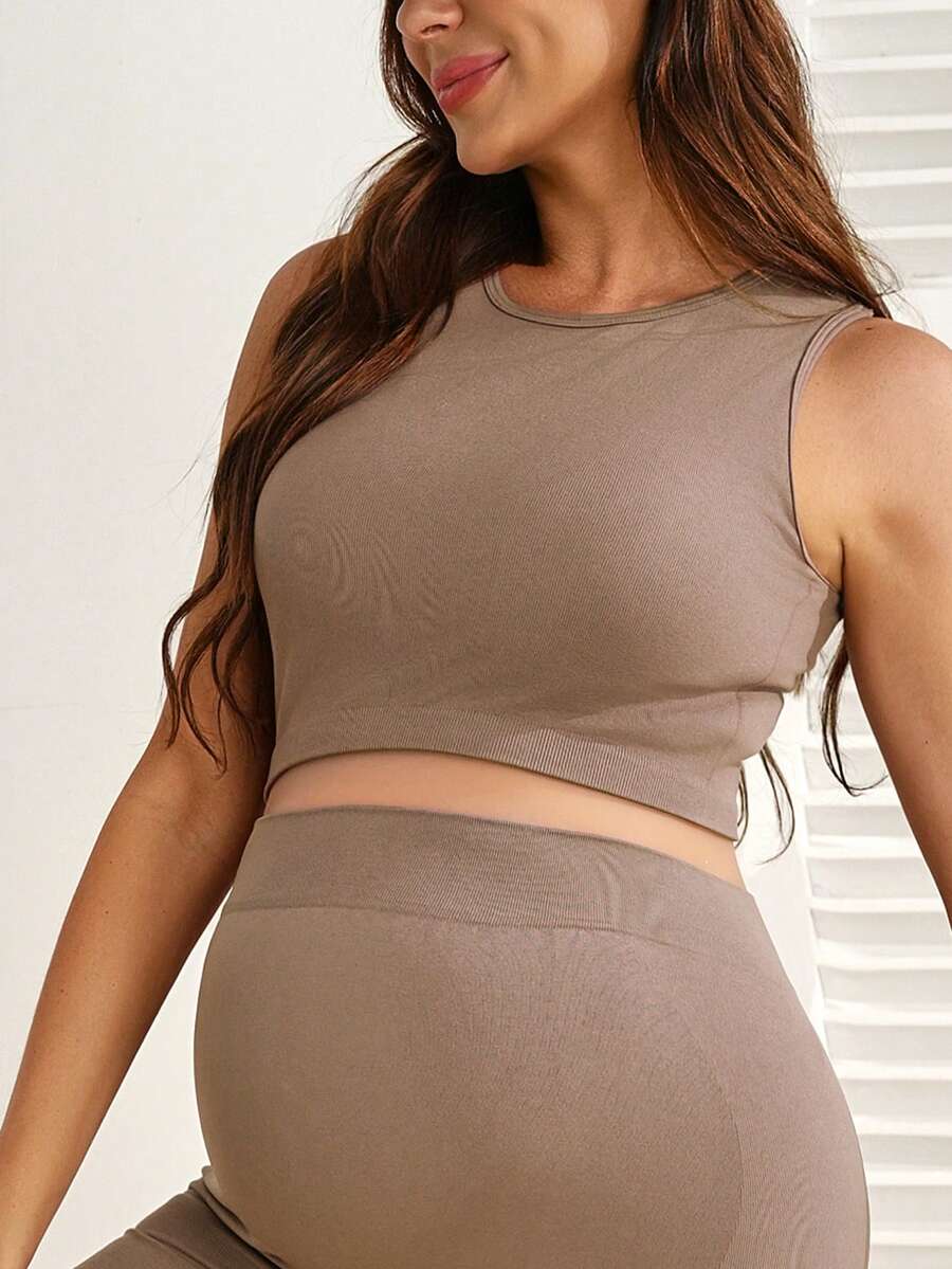 Mocha Brown Seamless Maternity Nursing Yoga Set – 2-Piece High Stretch Cropped Sports Tank with Built-in Bra & Tummy Control Skinny Fit Leggings