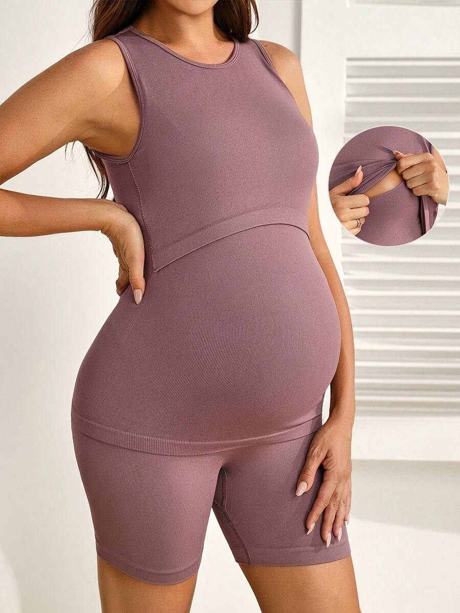 Dusty Purple Round Neck Maternity Nursing Sports Top - Seamless High Stretch Skinny Fit Casual Everyday Wear - Cold Shoulder Yoga Shapewear