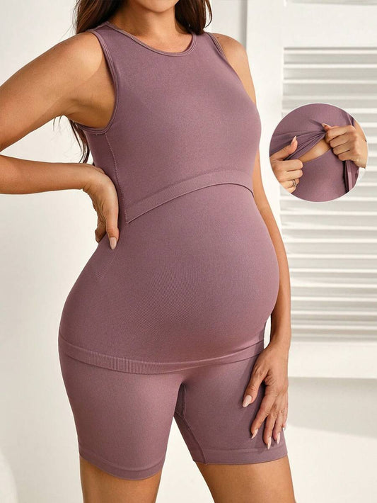 Dusty Purple Round Neck Maternity Nursing Sports Top - Seamless High Stretch Skinny Fit Casual Everyday Wear - Cold Shoulder Yoga Shapewear