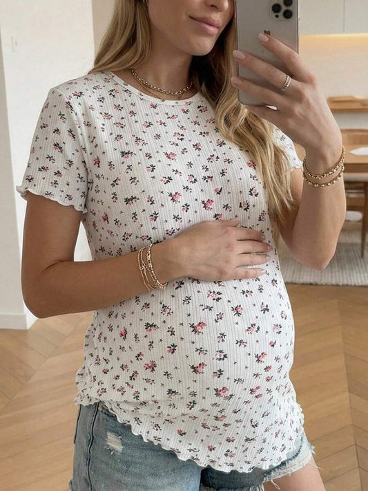 Pink Ditsy Floral Batwing Sleeve Maternity T-Shirt - Short Sleeve Round Neck Knitted Top for Casual Holiday Style