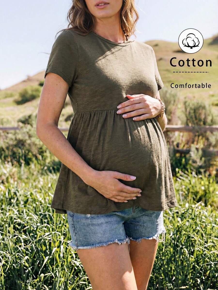 Army Green Cotton Maternity T-Shirt with Ruffle Hem - Short Sleeve Round Neck Summer Casual Top for Country Concert Outfits