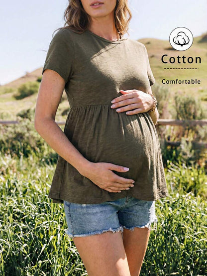 Army Green Cotton Maternity T-Shirt with Ruffle Hem - Short Sleeve Round Neck Summer Casual Top for Country Concert Outfits