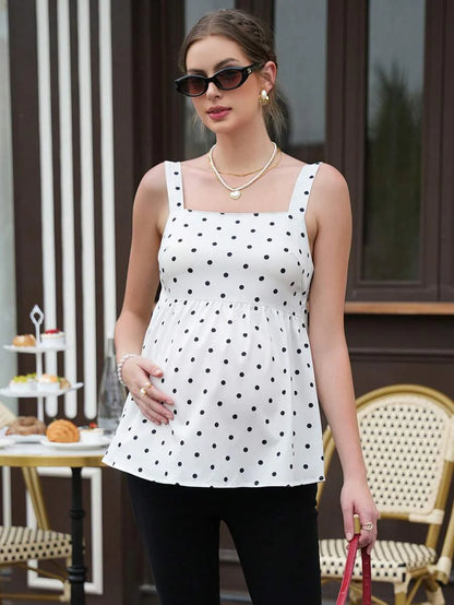 Maternity Polka Dot Top - Square Neck, Tie Back, Flared Hem, Regular Fit, White