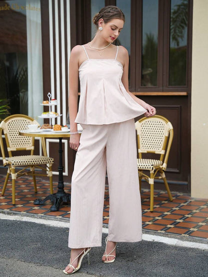 Maternity 2-Piece Set - Spaghetti Strap Camisole & Pants, Shirred, Slim Fit, Khaki