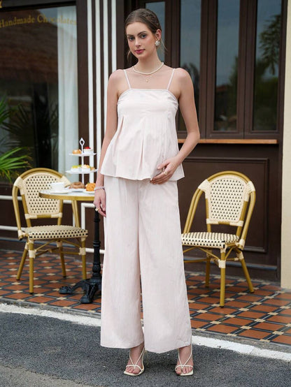 Maternity 2-Piece Set - Spaghetti Strap Camisole & Pants, Shirred, Slim Fit, Khaki