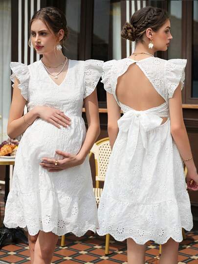 Maternity Floral A-Line Dress - V Neck, Layered Sleeve, Bow Back, Flounce Hem, White