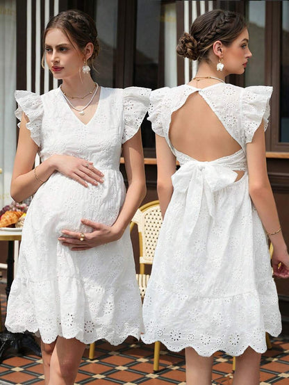 Maternity Floral A-Line Dress - V Neck, Layered Sleeve, Bow Back, Flounce Hem, White