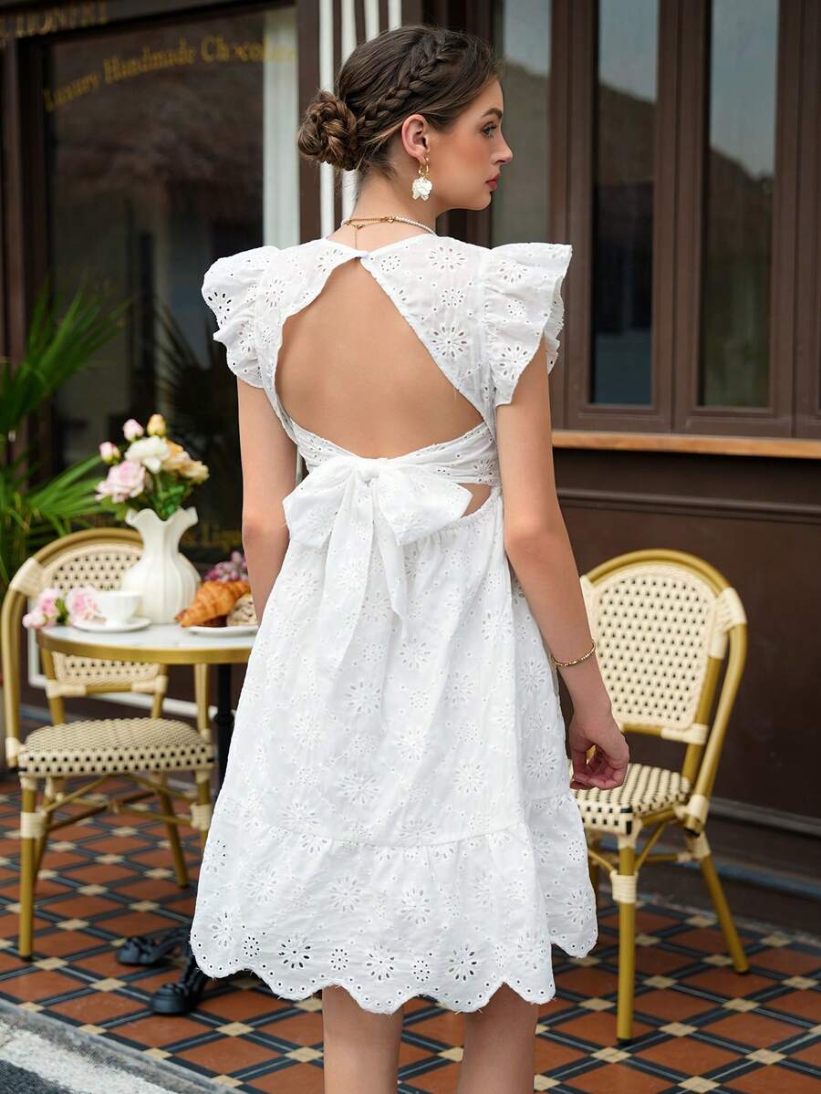 Maternity Floral A-Line Dress - V Neck, Layered Sleeve, Bow Back, Flounce Hem, White