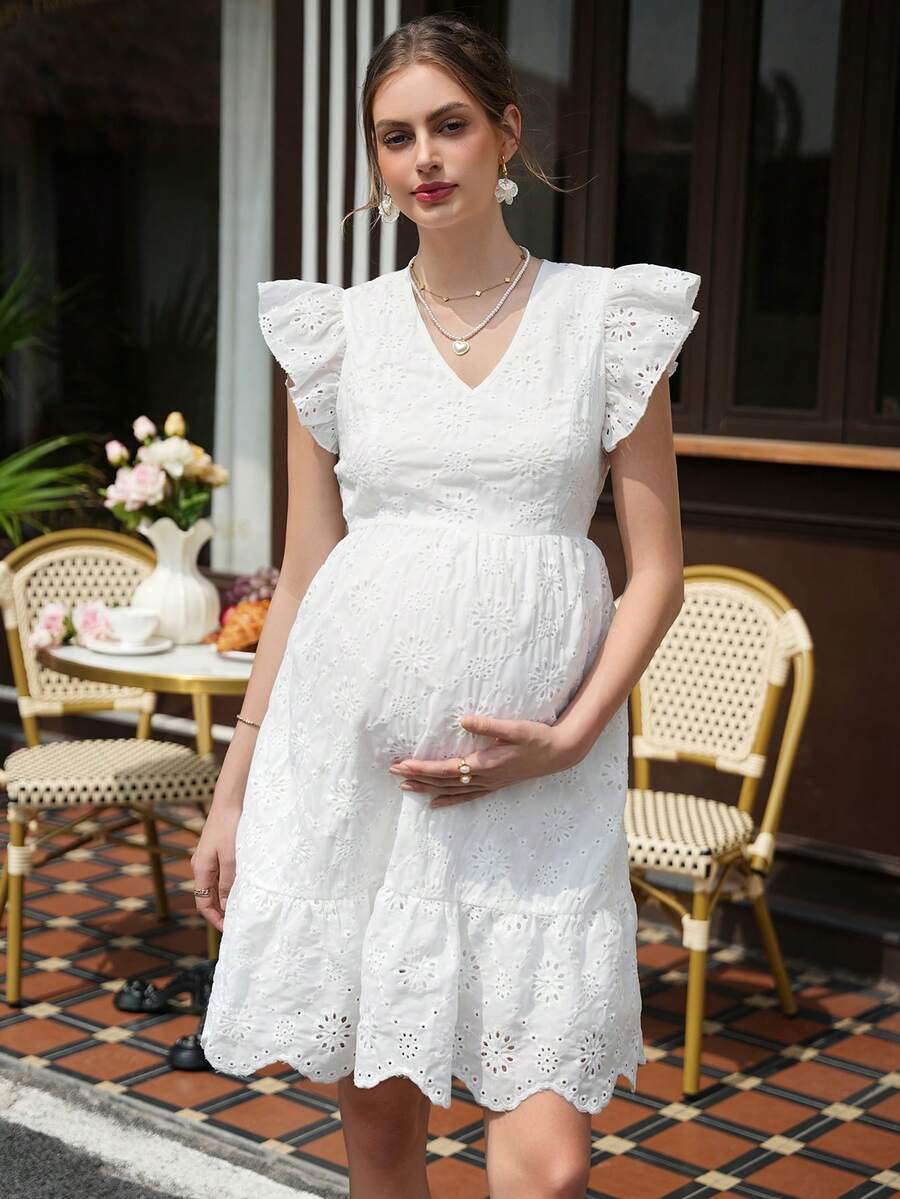 Maternity Floral A-Line Dress - V Neck, Layered Sleeve, Bow Back, Flounce Hem, White