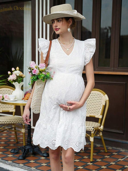 Maternity Floral A-Line Dress - V Neck, Layered Sleeve, Bow Back, Flounce Hem, White