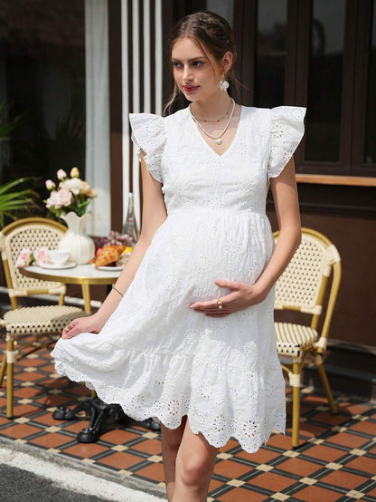 Maternity Floral A-Line Dress - V Neck, Layered Sleeve, Bow Back, Flounce Hem, White