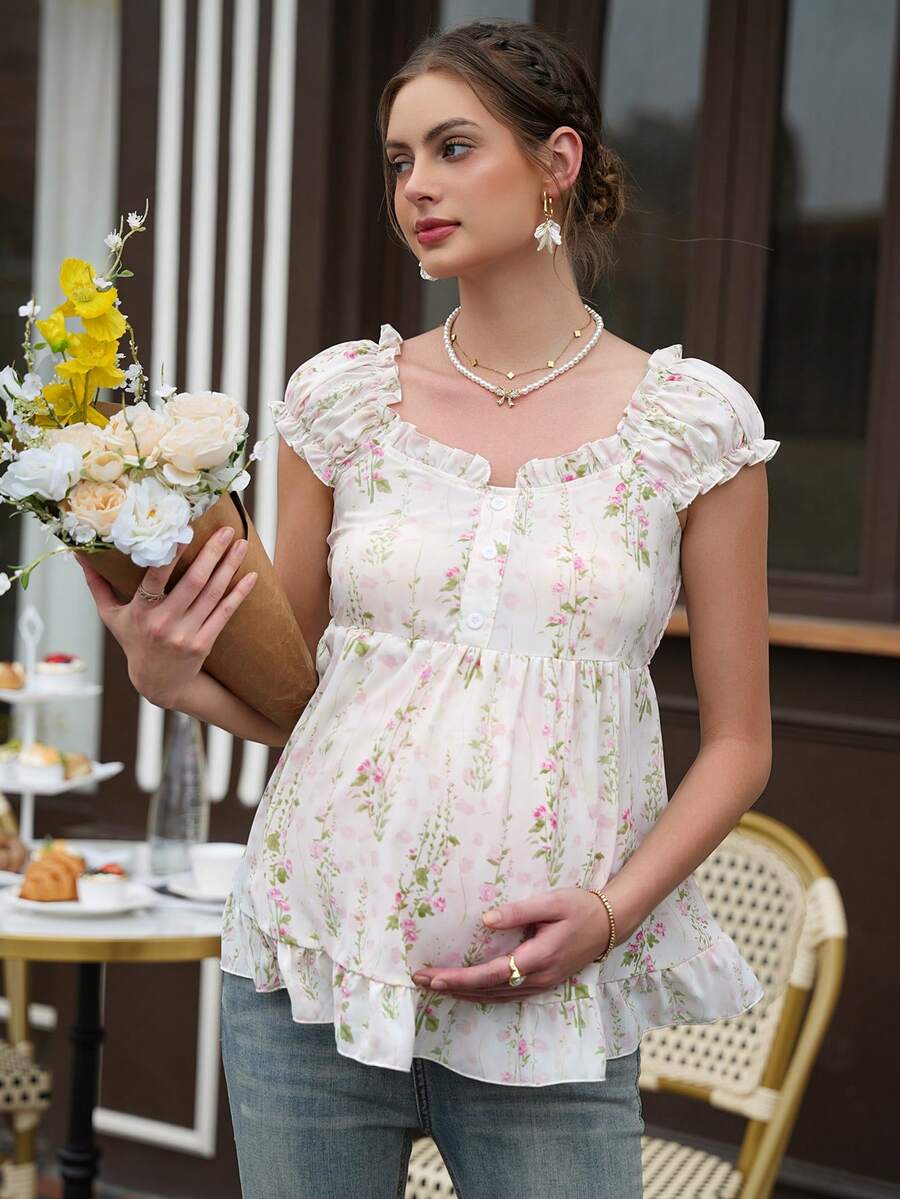 Maternity Floral Peplum Top - Wide Strap, Front Button, Ruffle Hem, Slim Fit, White