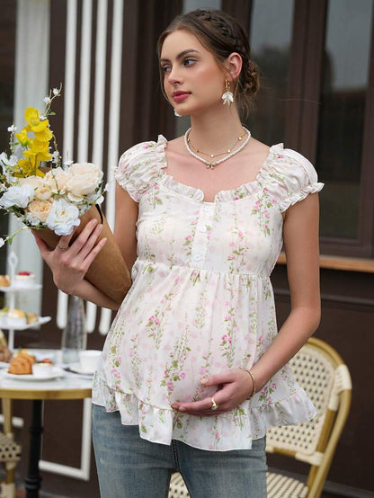 Maternity Floral Peplum Top - Wide Strap, Front Button, Ruffle Hem, Slim Fit, White