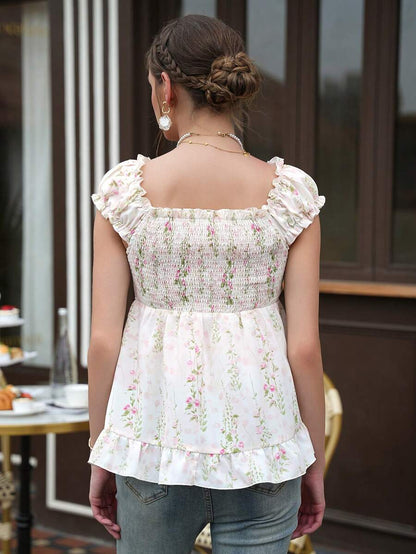 Maternity Floral Peplum Top - Wide Strap, Front Button, Ruffle Hem, Slim Fit, White