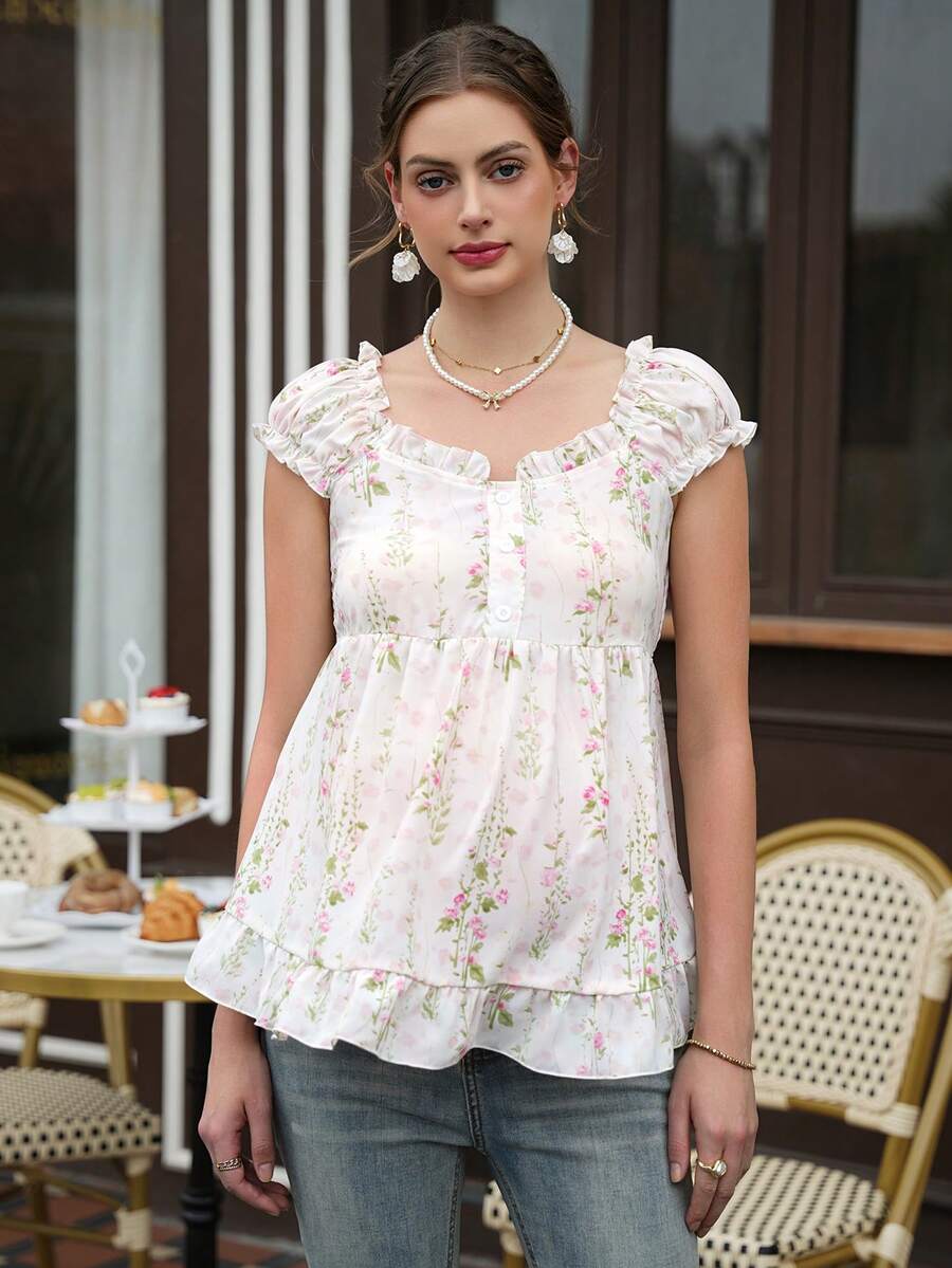 Maternity Floral Peplum Top - Wide Strap, Front Button, Ruffle Hem, Slim Fit, White