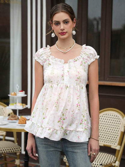 Maternity Floral Peplum Top - Wide Strap, Front Button, Ruffle Hem, Slim Fit, White
