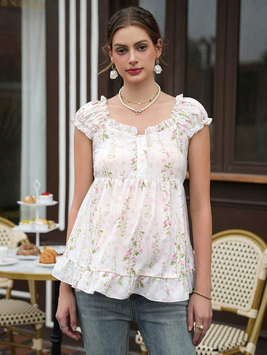 Maternity Floral Peplum Top - Wide Strap, Front Button, Ruffle Hem, Slim Fit, White