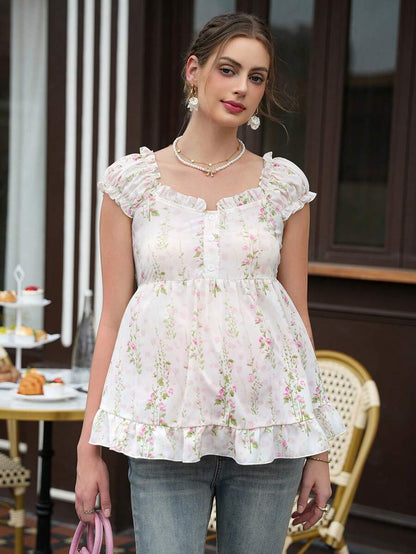 Maternity Floral Peplum Top - Wide Strap, Front Button, Ruffle Hem, Slim Fit, White