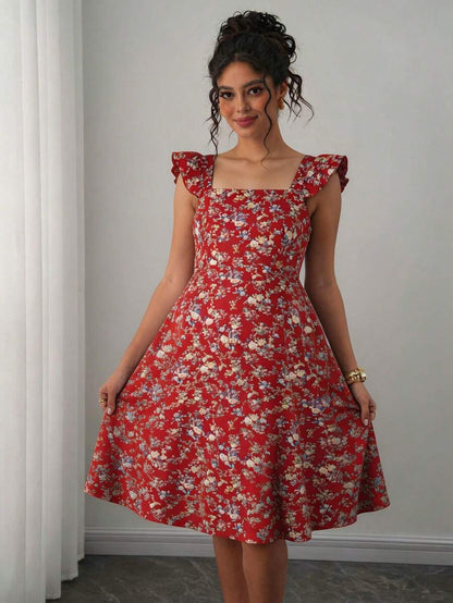 Maternity Casual All-Over Print Boho Summer Dress Square Neck High Waist A-Line Vacation Dress in Burgundy