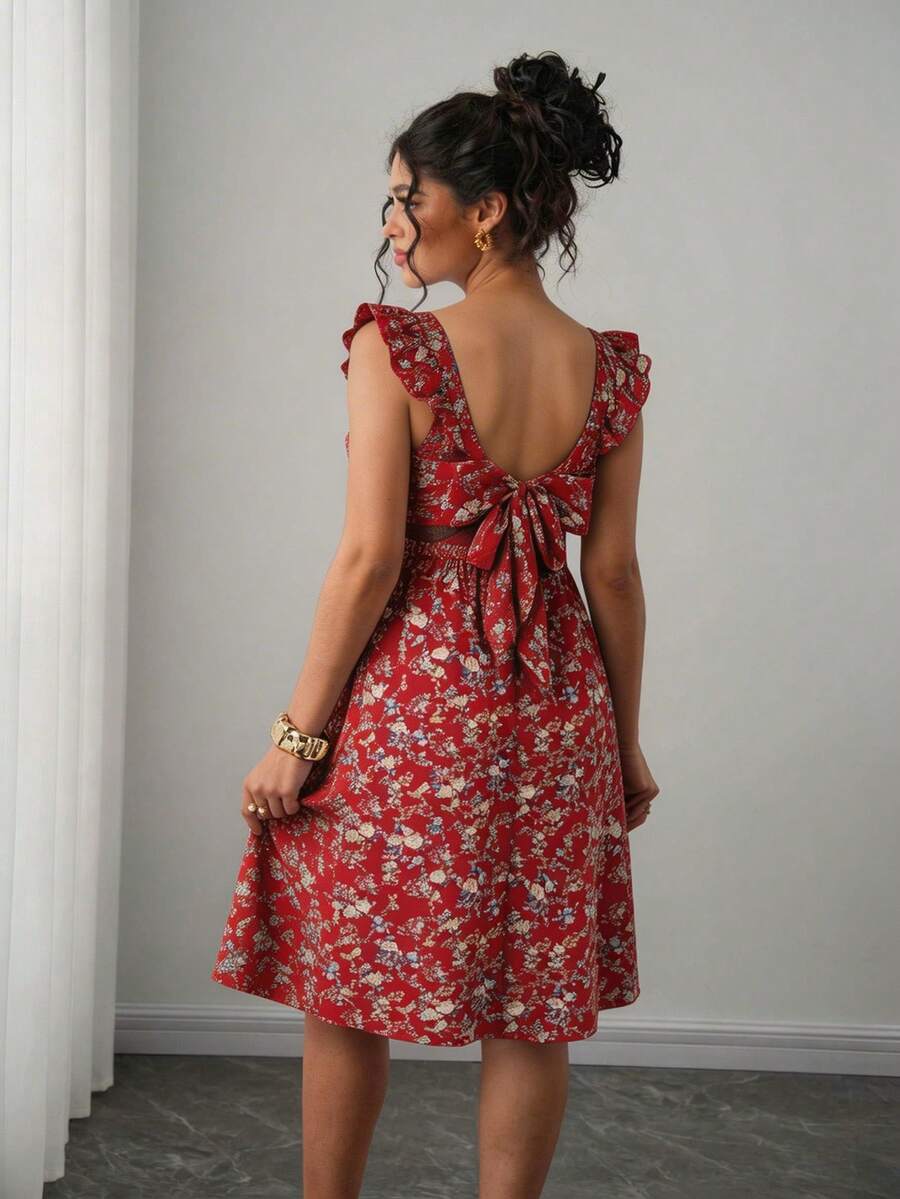 Maternity Casual All-Over Print Boho Summer Dress Square Neck High Waist A-Line Vacation Dress in Burgundy